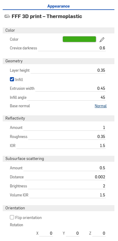 FFF 3D print Appearance parameters