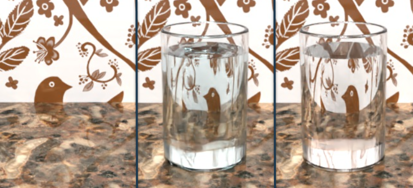 Example showing 3 images; the bare background, the glass of water in front of the background, and the glass of water when color is changed and waves removed