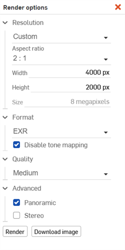 Rende output settings for the panorama file