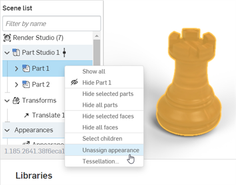Selecting Unassign appearance from the Scene list context menu