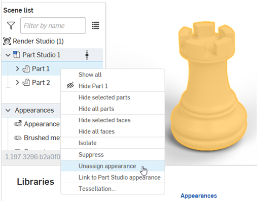 Selecting Unassign appearance from the Scene list context menu