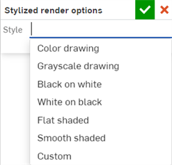 Stylized render options dialog with style dropdown options