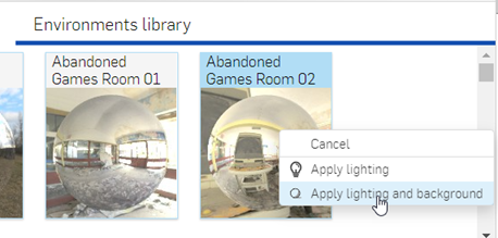 Applying lighting and background to a scene from the Appearance thumbnail context menu