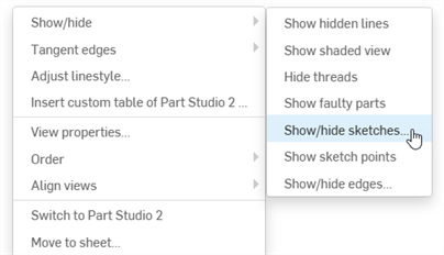 Example of Show/Hide sketches in the context menu