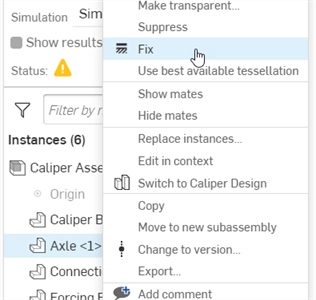 Selecting Fix from the Assembly instance context menu