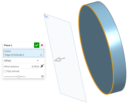 Screenshot of the Plane dialog in the graphics area with a plane created from a circular edge