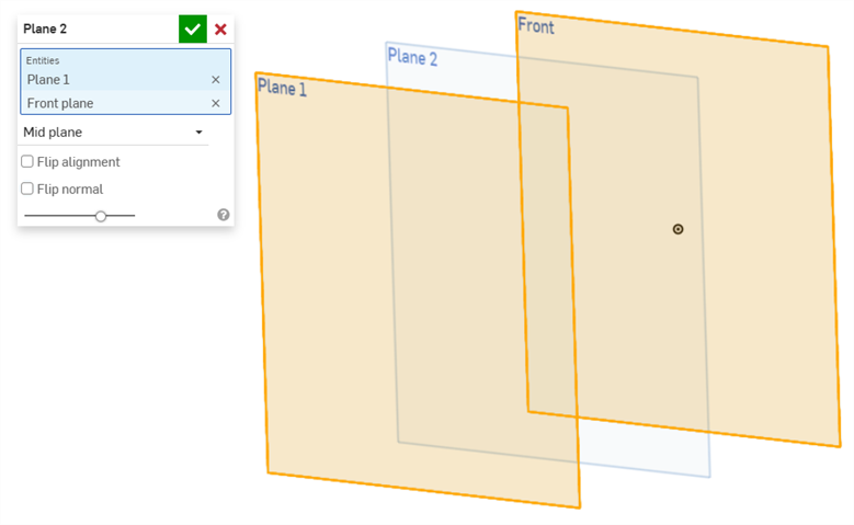 Plane dialog is open with two parallel planes selected and the midplane option selected. A third plane is created halfway between the two parallel planes.
