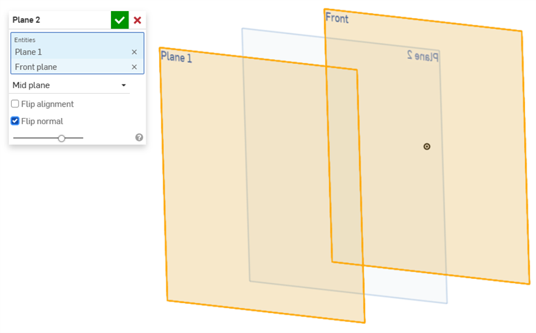 A plane is created halfway between two parallel planes. the Flip normal checkbox is selected in the Plane dialog and the new plane normal faces in the opposite direction.