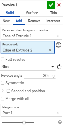 Example using a variable in a solid part feature, showing the solution displayed in the Numeric value field