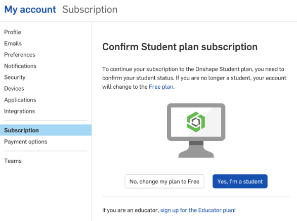 My Account - Subscription confirmation for Student plan