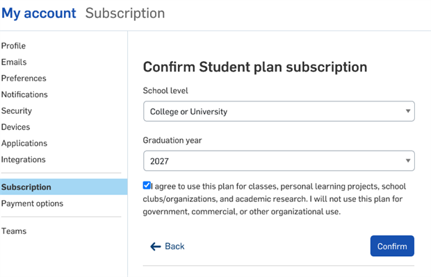 Confirm Student plan subscription dialog