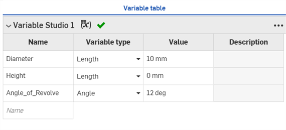 Variable table populated with variable data