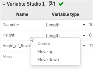 Variable table with context menu
