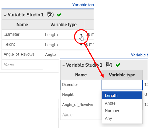 Variable type dropdown selection