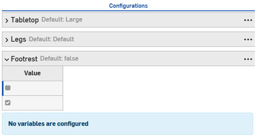 Checkbox input named Footrest added to Configuration panel