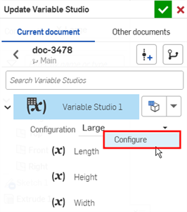 RMB configuration in Update Variable Studio dialog and select Configure or Configure with