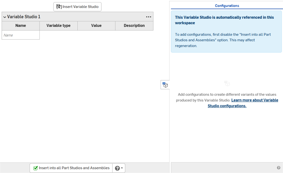 Default Configuration panel shows a warning that the Variable Studio cannot be configured
