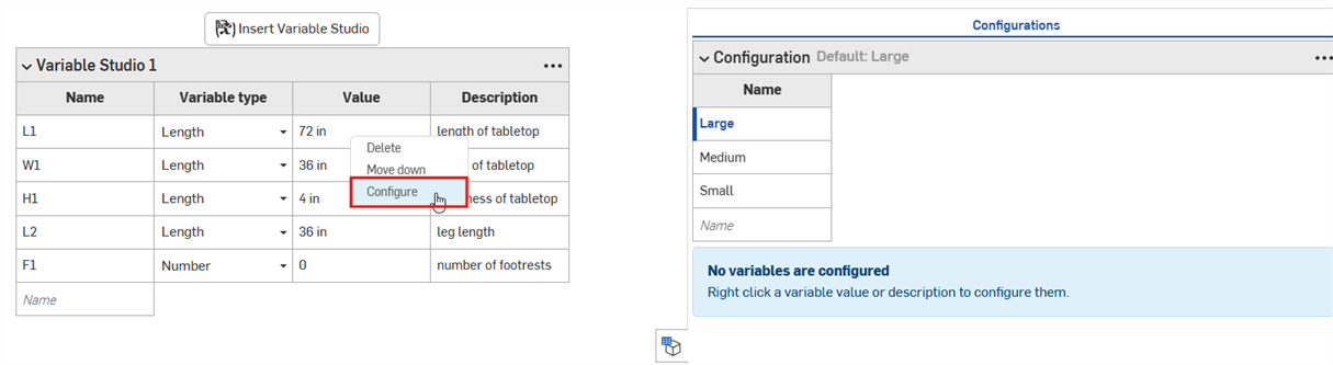 RMB a variable value or description and click Configure