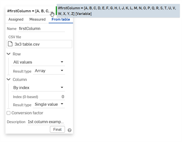 Variable: From table - First column example