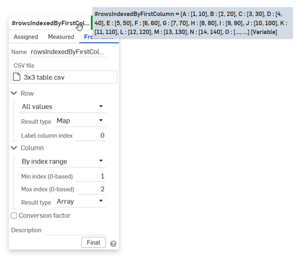 Variable: From table - Rows indexed by first column example