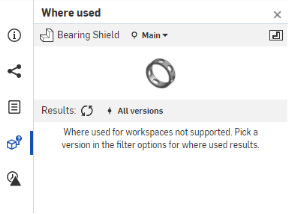 Example message explaining that Where used for workspaces is not supported. Pick a version in the filter options for where used results