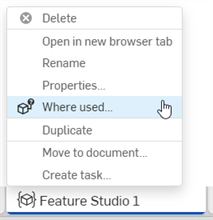 Where used from the Feature Studio tab