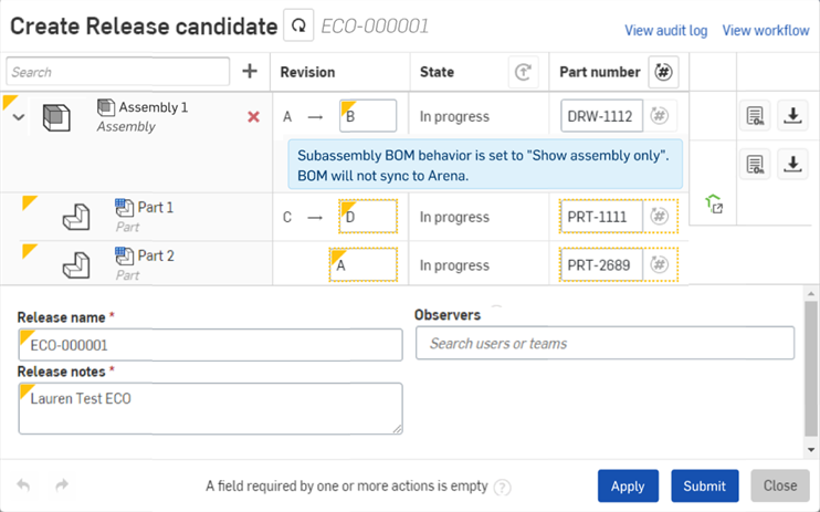 Create Release candidate dialog