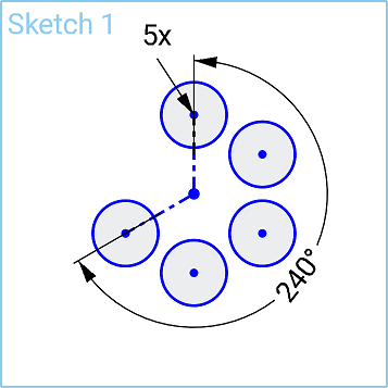Beispiel für die Verwendung des Tools „Kreismuster aus Skizzen“ mit 5 Instanzen bei 240 Grad