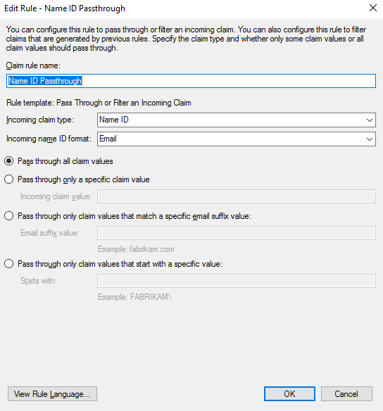Beispiel für das Dialogfenster „Regel bearbeiten“ - Dialogfenster „Namen-ID-Durchleitung“