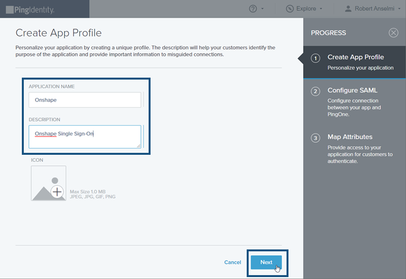 „Anwendungsprofil erstellen“ mit „Anwendungsnamen“ und „Beschreibung“ hervorgehoben
