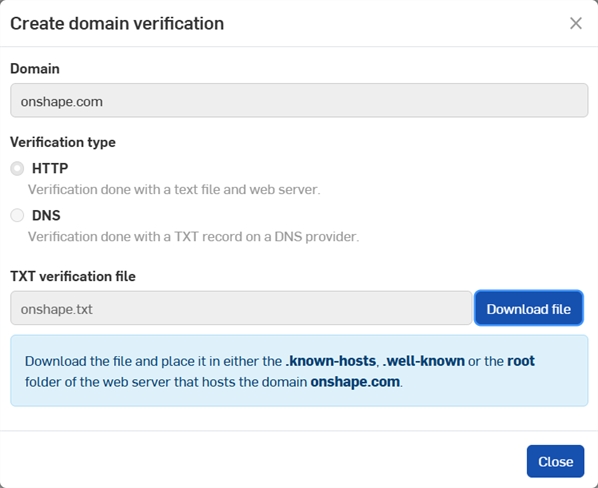 Create domain verification dialog