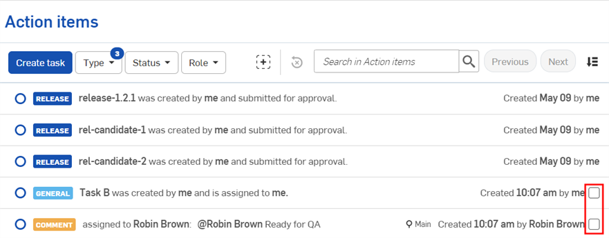 Resolve check box is highlighted on the Action items page