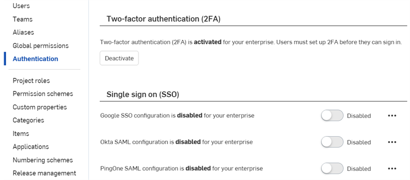 Enterprise-Einstellungen: Authentifizierung