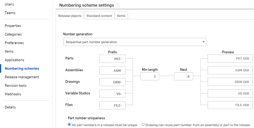 Company-Einstellungen: Nummernschemata