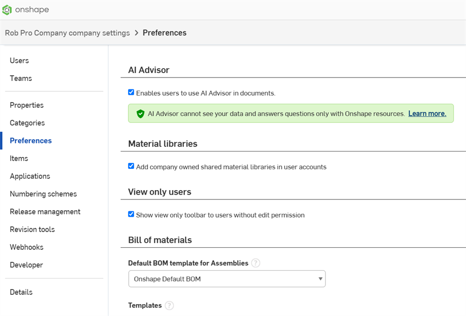 Company-Einstellungen: Voreinstellungen