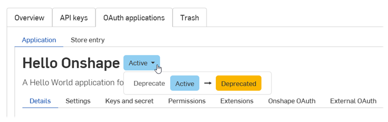 Dropdown-Menü mit der Statusschaltfläche für OAuth-Anwendungen mit der Option „Aktive deaktivieren“