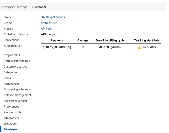 Developer page in the Enterprise Settings