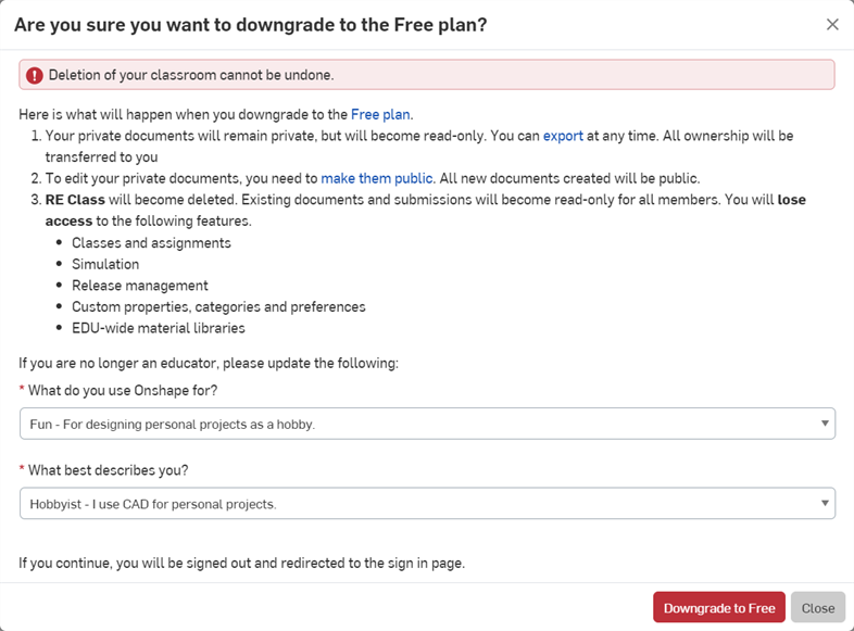 Dialogfenster zum Herabstufen vom Educator-Abo auf ein Free-Abo