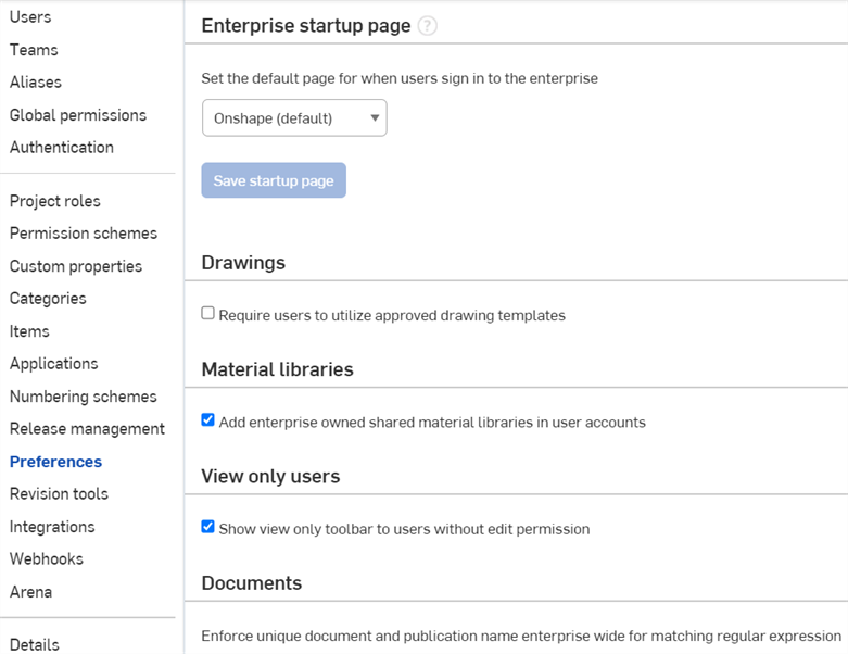 Enterprise-Einstellungen: Voreinstellungen