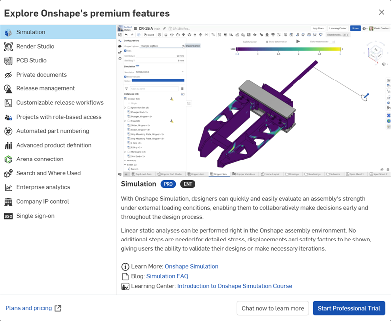 Dialogfenster „Onshape-Premium-Features entdecken“