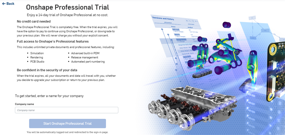 Onshape Professional Trial dialog