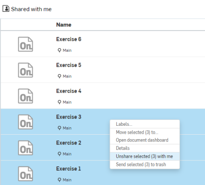 Right-clicking on a list of shared documents and selecting Unshare selected from the context menu