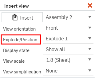 Beispiel für eine Explosionsansicht in einer Zeichnung mit „Auflösen/Position“ im Dialogfenster „Ansicht einfügen“ hervorgehoben