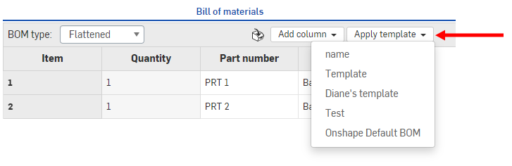 BOM 'Apply template' dropdown menu