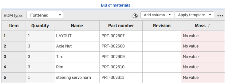 Bill of Materials table