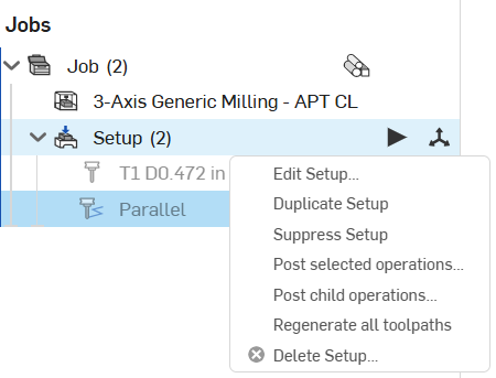 Job-Palette in CAM-Studio mit dem rot umrandeten Symbol „Untergeordnete Operationen posten“