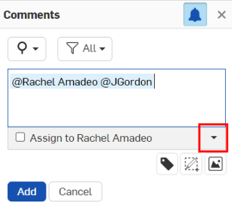 Screenshot of the Comments flyout with multiple users being assigned