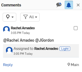Screenshot of the Comments flyout after a user has been assigned