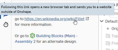 Benachrichtigung, dass der Link eine Website außerhalb von Onshape öffnet