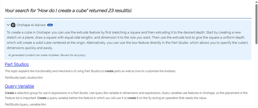 AI Advisor example on the Help search page